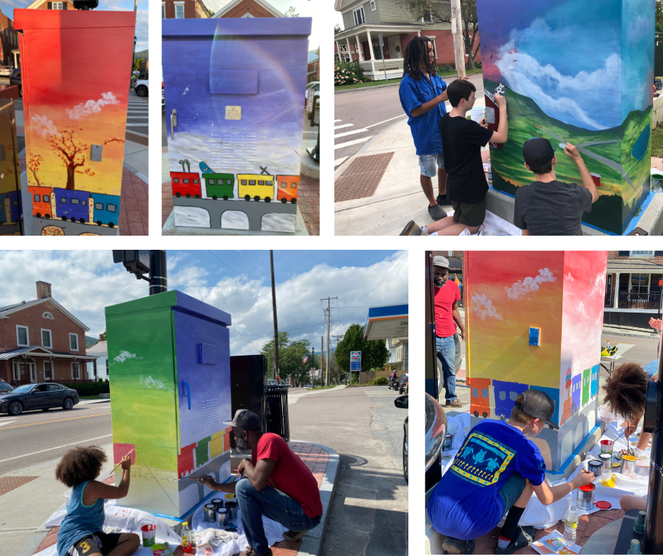 Collage of the electrical box beautification project in action - students painting the boxes and the finished products: 2 colorful scenes of train cars moving across a natur-filled backdrop.